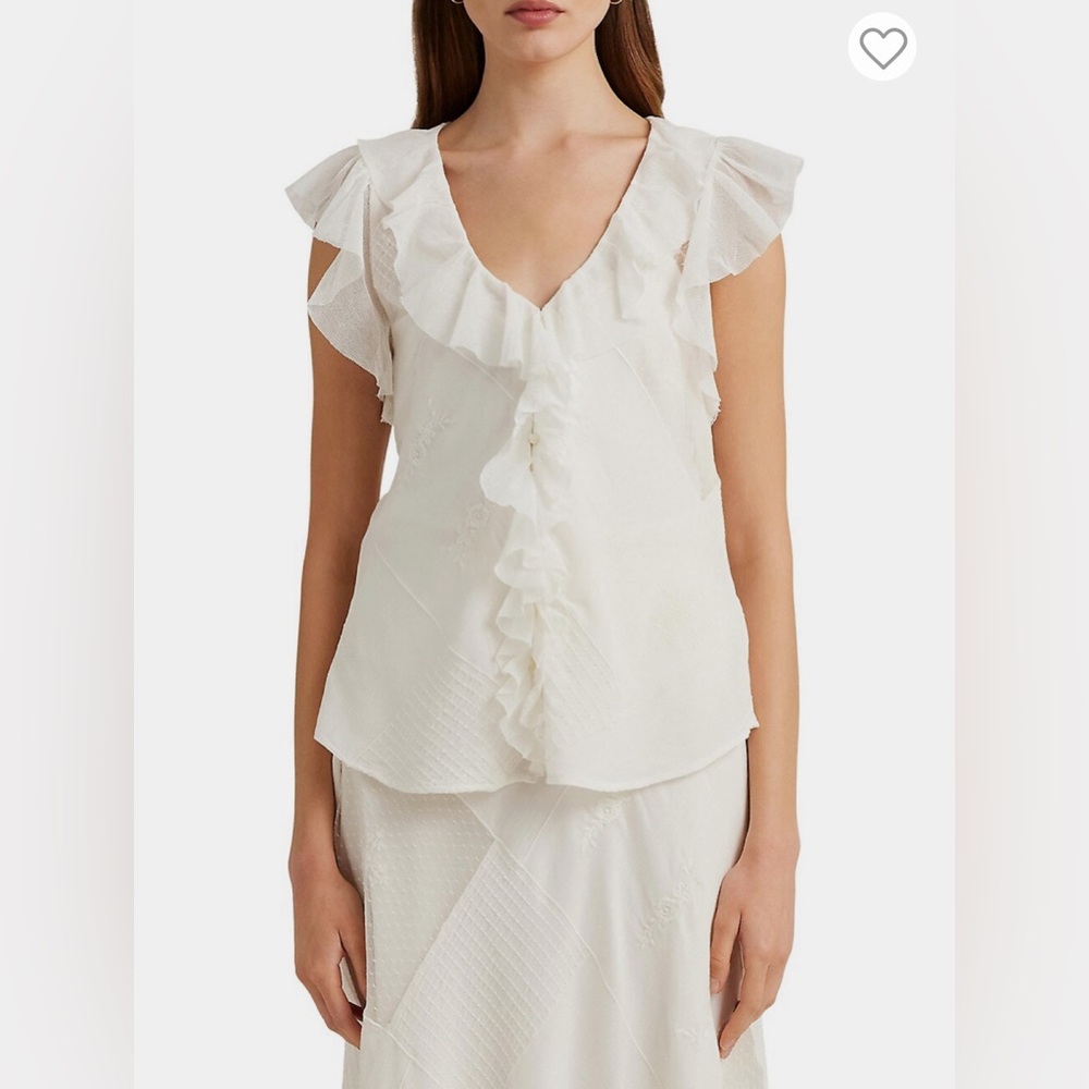Lauren Ralph Lauren White Patchwork Tulle & Gauze Sleeveless Ruffle Blouse Sz L
